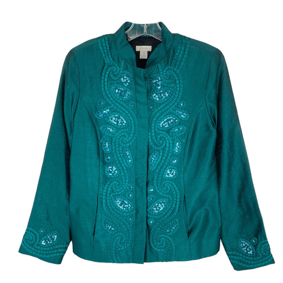 Chico's Sz 0 S Holiday Green Beaded Button Front Jacket Lined Mandarin Collar - Picture 3 of 10